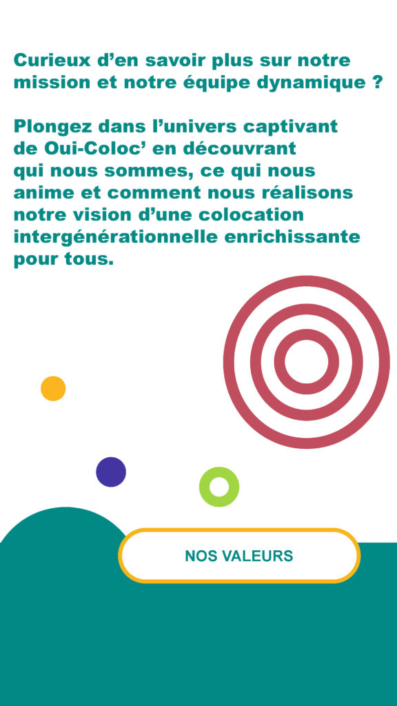 Image invitant les utilisateurs à en savoir plus sur la mission, l'équipe dynamique et les valeurs de Oui-Coloc. Colocation intergénérationnelle colocation famille monoparentale