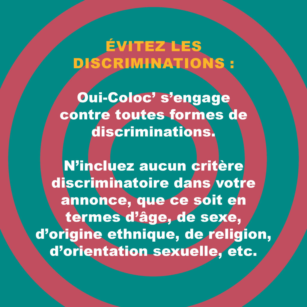 Image avec un texte encourageant à éviter les discriminations dans les annonces de colocation sur Oui-Coloc.