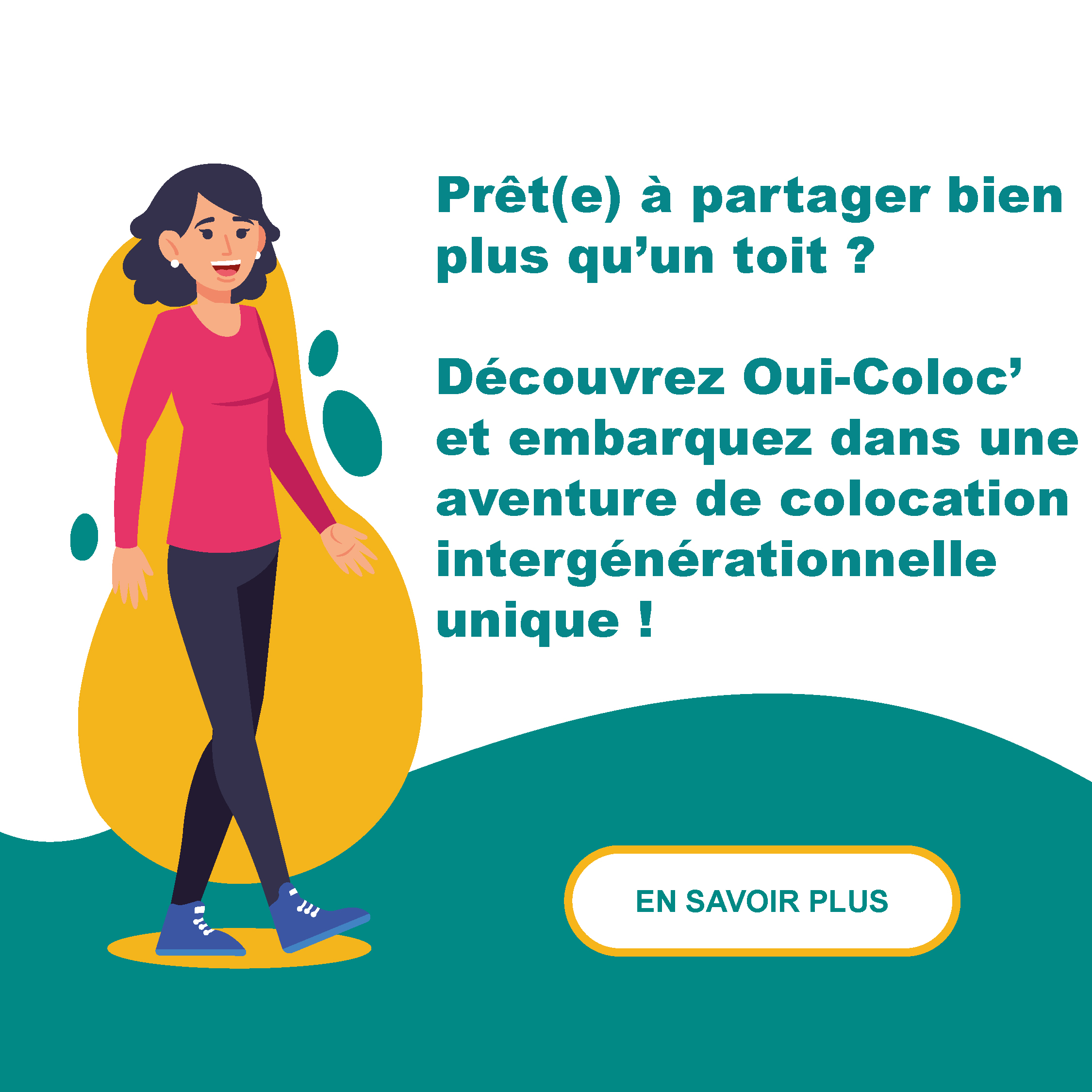 une jeune personne souriantes cherchant une Colocation intergénérationnelle et colocation pour famille monoparentale.. Le texte "Prêt(e) à partager bien plus qu'un toit ?" est également visible.