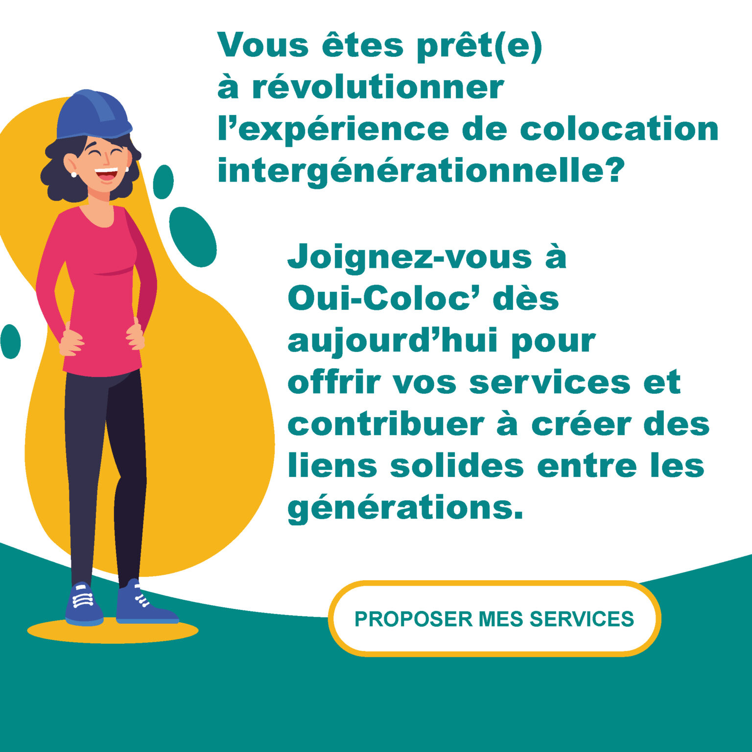 "Illustration d'une femme sur un chantier, avec le texte 'Êtes-vous prêt à révolutionner l'expérience de colocation intergénérationnelle ? Rejoignez-nous chez Oui-Coloc dès aujourd'hui pour offrir vos services et contribuer à créer des liens solides entre les générations.