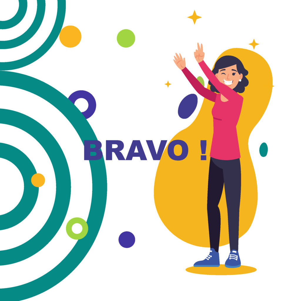 Illustration d'une femme disant 'Bravo', symbolisant une étape accomplie pour les utilisateurs du site Oui-Coloc.